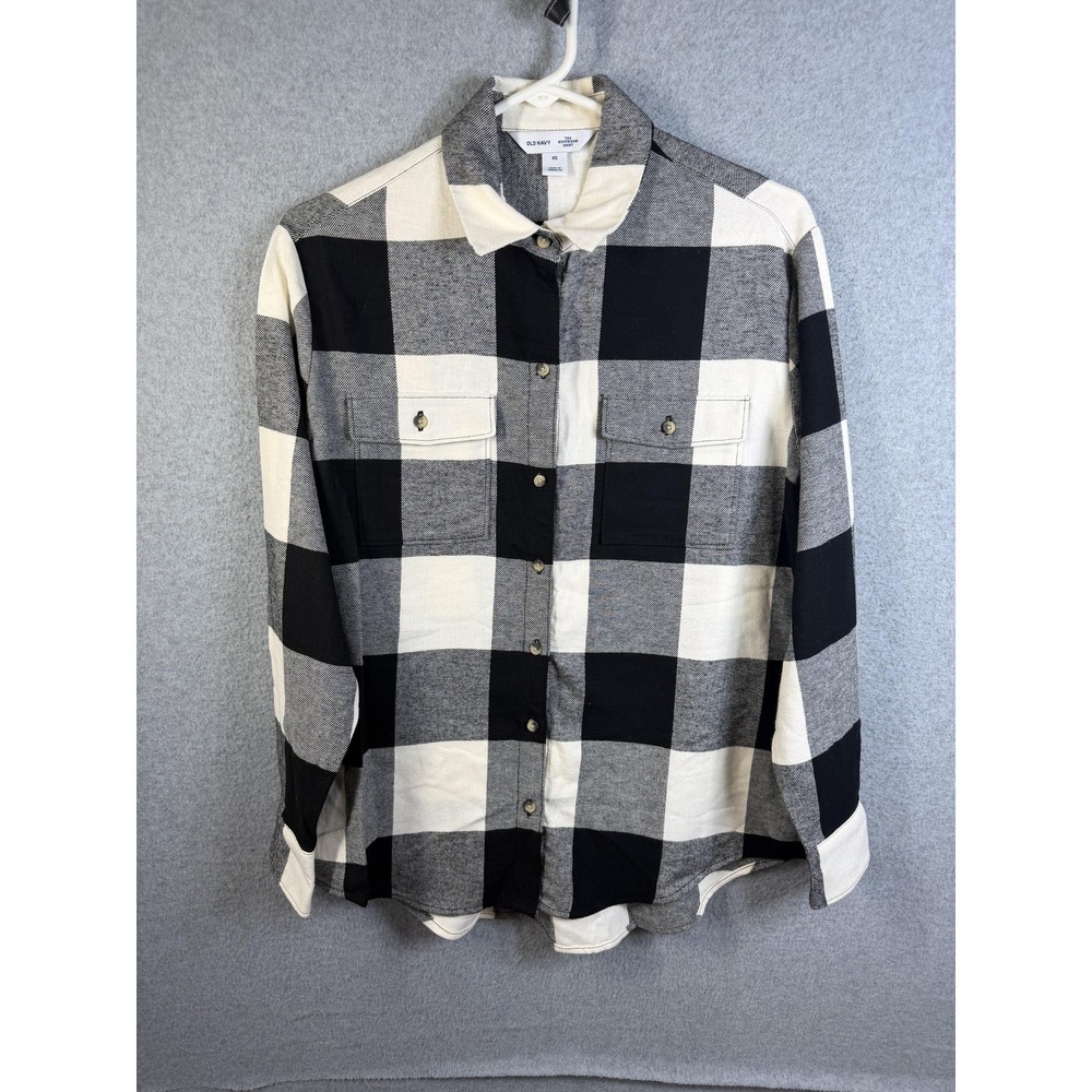 Old Navy Shirt Womens XS Black Buffalo Plaid Flannel Button Up Boyfriend Top